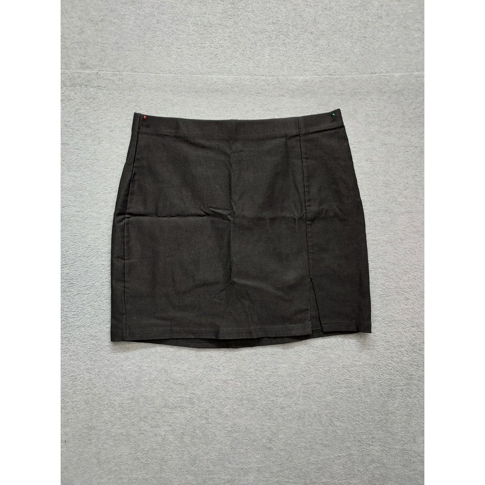Wrotorea‎ Women Mini Skirt M Black Waistband Pull On Front Slit Stretched Casual